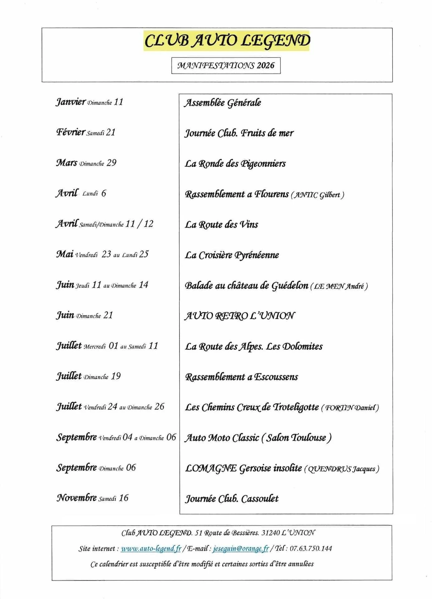 Calendrier club 2026 2